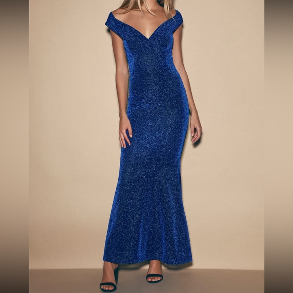 Lulus Starry Skies Royal Blue Sparkly Off-the-Shoulder Maxi Dress